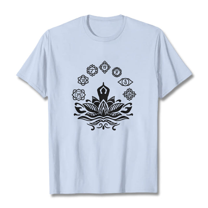 Buddha Stones Lässige meditierende Figur Lotusblume Sieben Chakren Muster Baumwoll-T-Shirt - HellCyan - 2XL - image 19