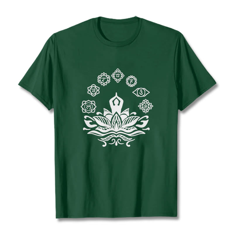 Buddha Stones Lässige meditierende Figur Lotusblume Sieben Chakren Muster Baumwoll-T-Shirt - WaldGrün - 2XL - image 1