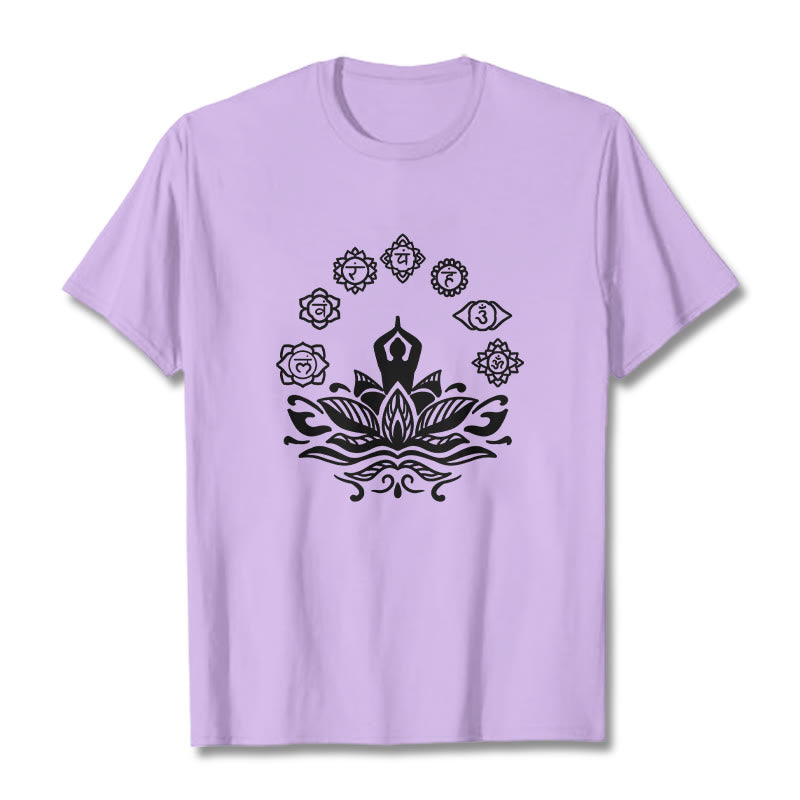 Buddha Stones Lässige meditierende Figur Lotusblume Sieben Chakren Muster Baumwoll-T-Shirt - Pflaume - 2XL - image 17