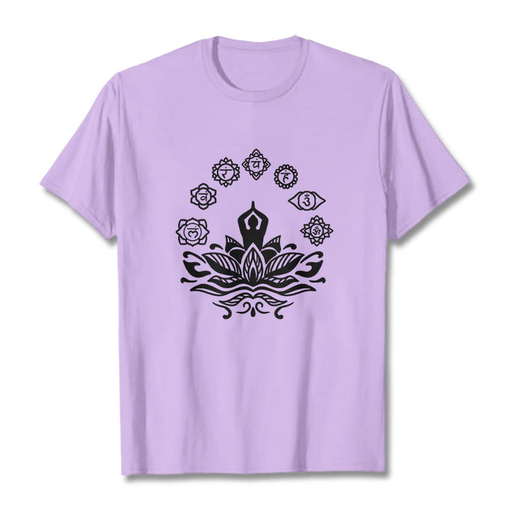 Buddha Stones Lässige meditierende Figur Lotusblume Sieben Chakren Muster Baumwoll-T-Shirt - Pflaume - 2XL - image 17