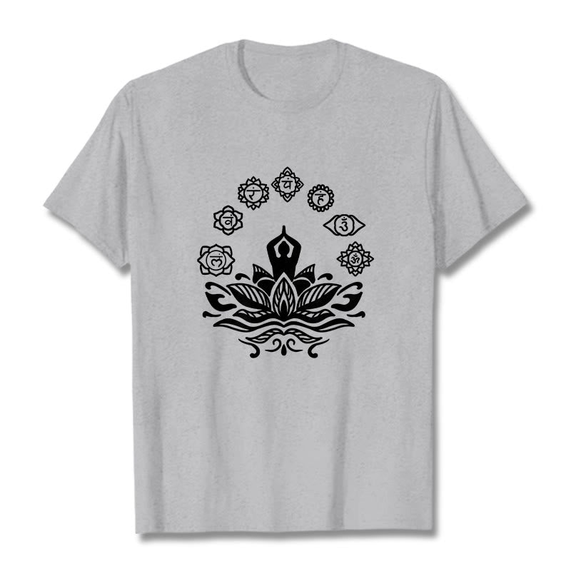 Buddha Stones Lässige meditierende Figur Lotusblume Sieben Chakren Muster Baumwoll-T-Shirt - Hellgrau - 2XL - image 20