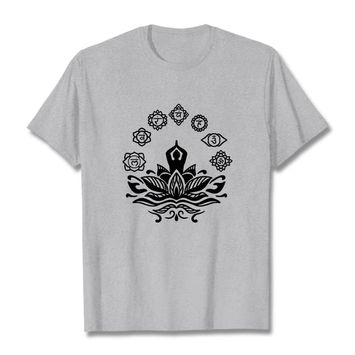 Buddha Stones Lässige meditierende Figur Lotusblume Sieben Chakren Muster Baumwoll-T-Shirt - Hellgrau - 2XL - image 20