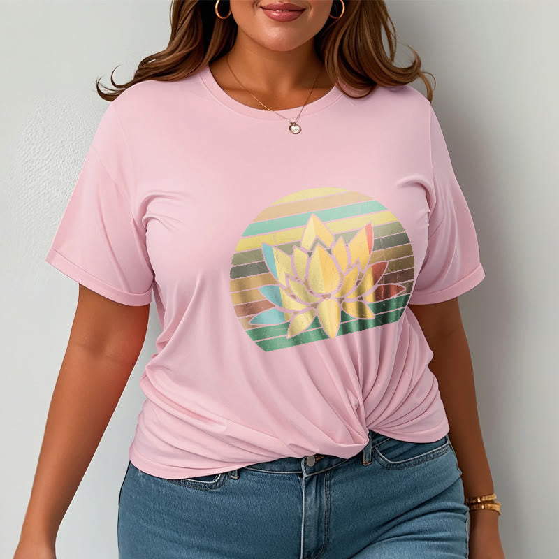 Buddha Stones Lässiges Retro-T-Shirt mit gestreiftem Hintergrund und Lotusblumenmuster aus Baumwolle - image 14