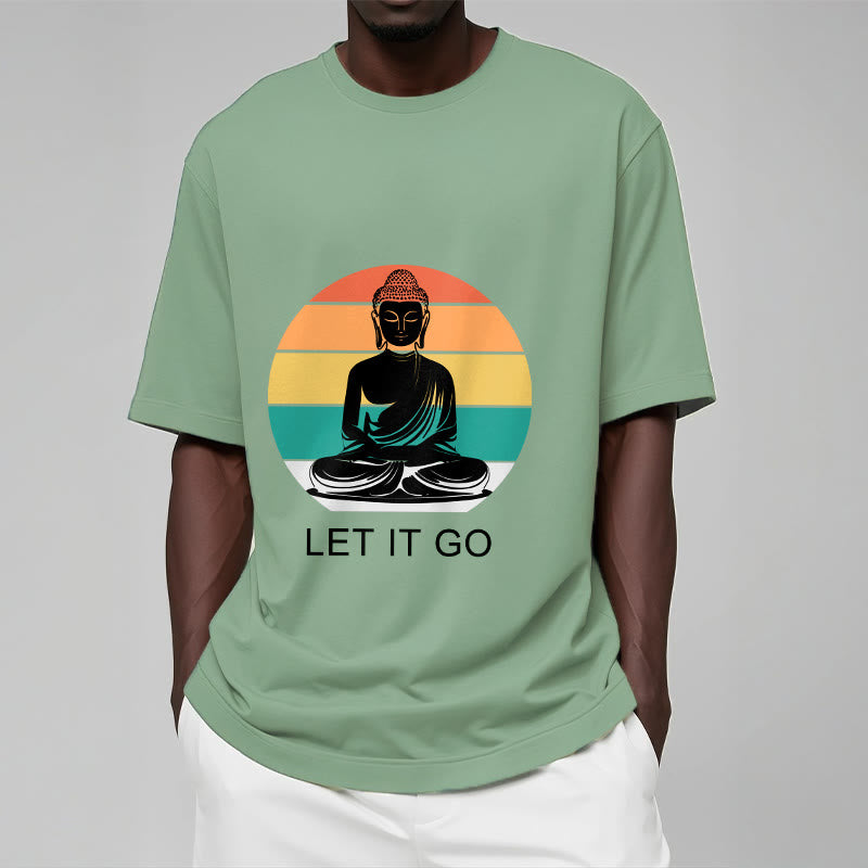 Buddha Stones Lässiges, bunt gestreiftes Hintergrund-T-Shirt mit meditierendem Buddha-Muster aus Baumwolle - image 16