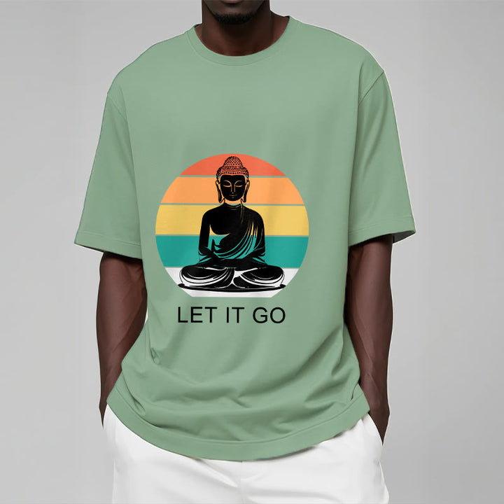 Buddha Stones Lässiges, bunt gestreiftes Hintergrund-T-Shirt mit meditierendem Buddha-Muster aus Baumwolle - image 16
