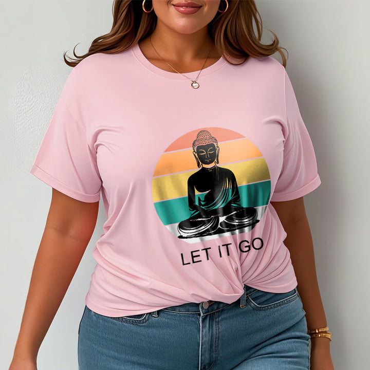 Buddha Stones Lässiges, bunt gestreiftes Hintergrund-T-Shirt mit meditierendem Buddha-Muster aus Baumwolle - image 14