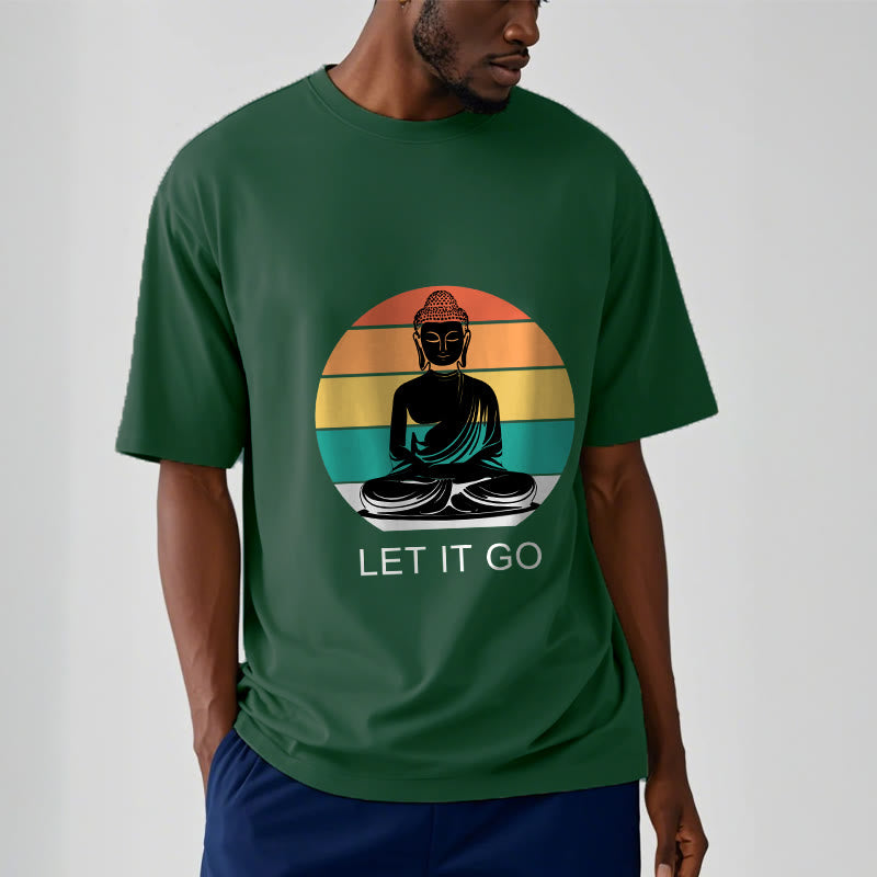 Buddha Stones Lässiges, bunt gestreiftes Hintergrund-T-Shirt mit meditierendem Buddha-Muster aus Baumwolle - image 2