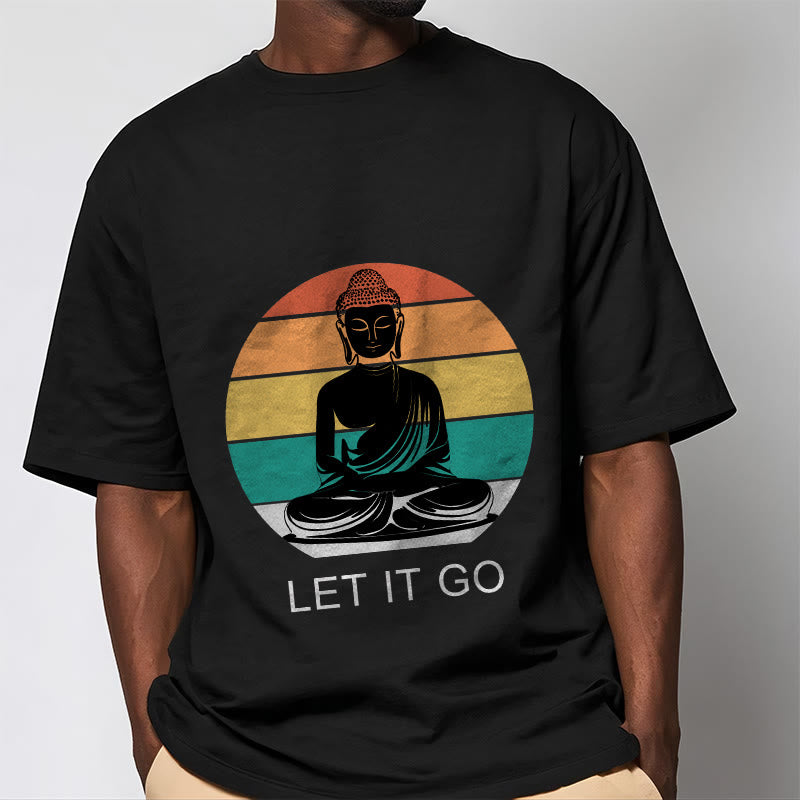 Buddha Stones Lässiges, bunt gestreiftes Hintergrund-T-Shirt mit meditierendem Buddha-Muster aus Baumwolle - image 5