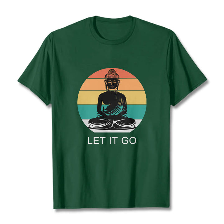 Buddha Stones Lässiges, bunt gestreiftes Hintergrund-T-Shirt mit meditierendem Buddha-Muster aus Baumwolle - WaldGrün - 2XL - image 1