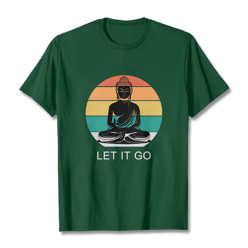 Buddha Stones Lässiges, bunt gestreiftes Hintergrund-T-Shirt mit meditierendem Buddha-Muster aus Baumwolle - WaldGrün - 2XL - image 1