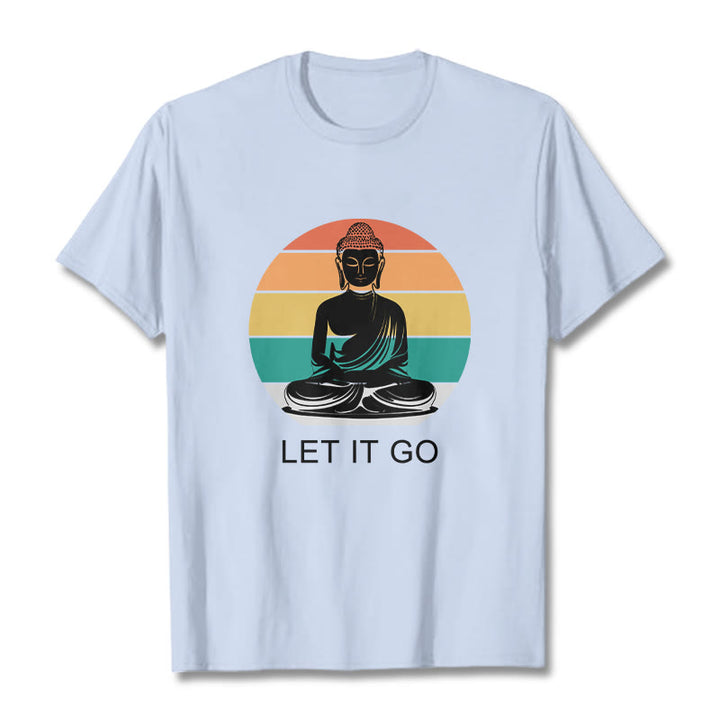 Buddha Stones Lässiges, bunt gestreiftes Hintergrund-T-Shirt mit meditierendem Buddha-Muster aus Baumwolle - HellCyan - 2XL - image 19