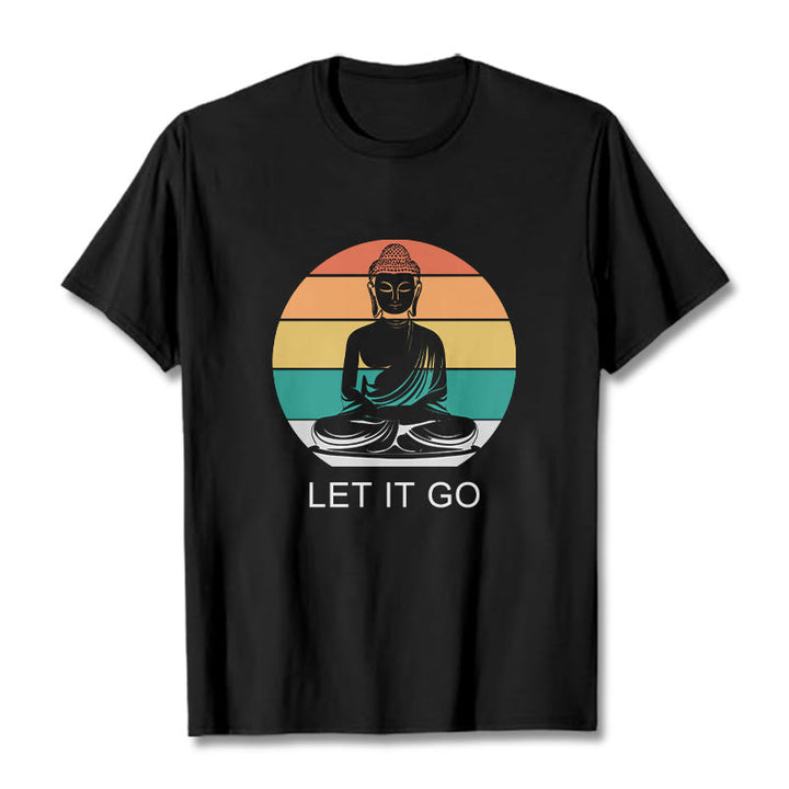 Buddha Stones Lässiges, bunt gestreiftes Hintergrund-T-Shirt mit meditierendem Buddha-Muster aus Baumwolle - Schwarz - 2XL - image 4