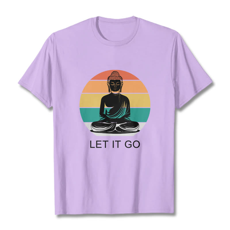 Buddha Stones Lässiges, bunt gestreiftes Hintergrund-T-Shirt mit meditierendem Buddha-Muster aus Baumwolle - Pflaume - 2XL - image 17