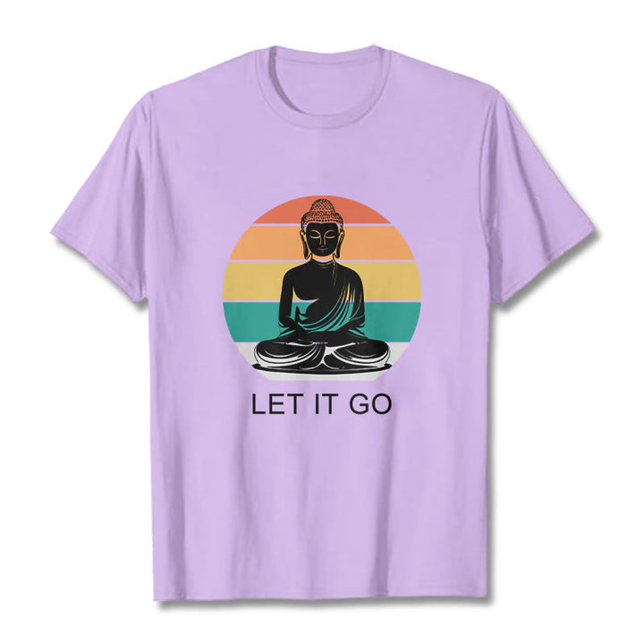 Buddha Stones Lässiges, bunt gestreiftes Hintergrund-T-Shirt mit meditierendem Buddha-Muster aus Baumwolle - Pflaume - 2XL - image 17