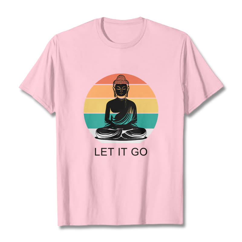 Buddha Stones Lässiges, bunt gestreiftes Hintergrund-T-Shirt mit meditierendem Buddha-Muster aus Baumwolle - Hellrosa - 2XL - image 13