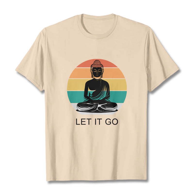 Buddha Stones Lässiges, bunt gestreiftes Hintergrund-T-Shirt mit meditierendem Buddha-Muster aus Baumwolle - Bisque - 2XL - image 11