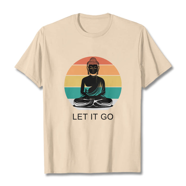 Buddha Stones Lässiges, bunt gestreiftes Hintergrund-T-Shirt mit meditierendem Buddha-Muster aus Baumwolle - Bisque - 2XL - image 11