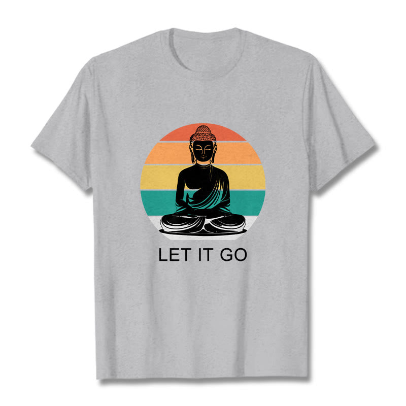 Buddha Stones Lässiges, bunt gestreiftes Hintergrund-T-Shirt mit meditierendem Buddha-Muster aus Baumwolle - Hellgrau - 2XL - image 20