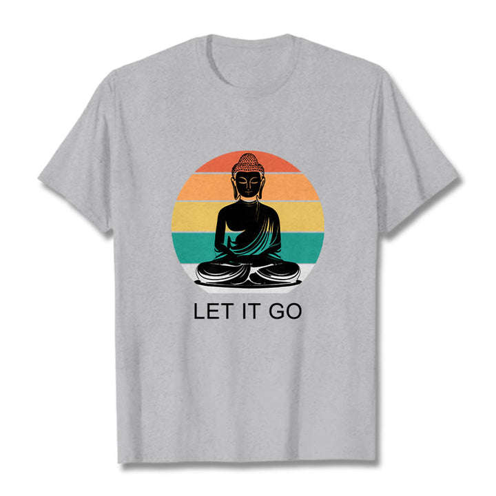 Buddha Stones Lässiges, bunt gestreiftes Hintergrund-T-Shirt mit meditierendem Buddha-Muster aus Baumwolle - Hellgrau - 2XL - image 20