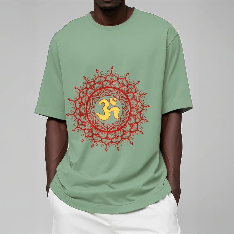 Buddha Stones Lässiges rotes Mandala Om Symbol Muster Baumwoll-T-Shirt - image 16
