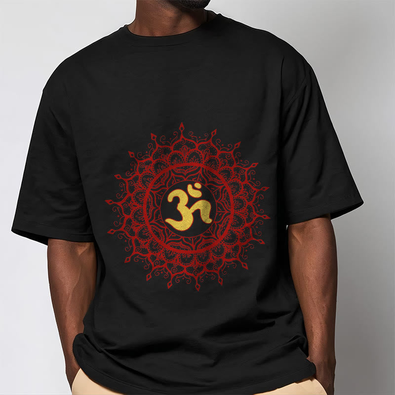 Buddha Stones Lässiges rotes Mandala Om Symbol Muster Baumwoll-T-Shirt - image 2