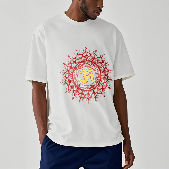 Buddha Stones Lässiges rotes Mandala Om Symbol Muster Baumwoll-T-Shirt - image 7