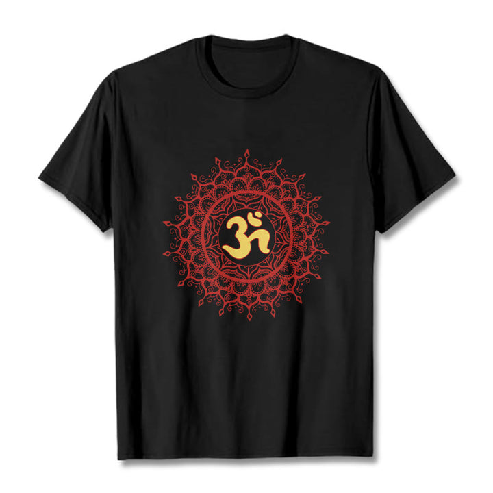 Buddha Stones Lässiges rotes Mandala Om Symbol Muster Baumwoll-T-Shirt - Schwarz - 2XL - image 1