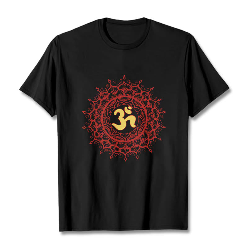 Buddha Stones Lässiges rotes Mandala Om Symbol Muster Baumwoll-T-Shirt - Schwarz - 2XL - image 1