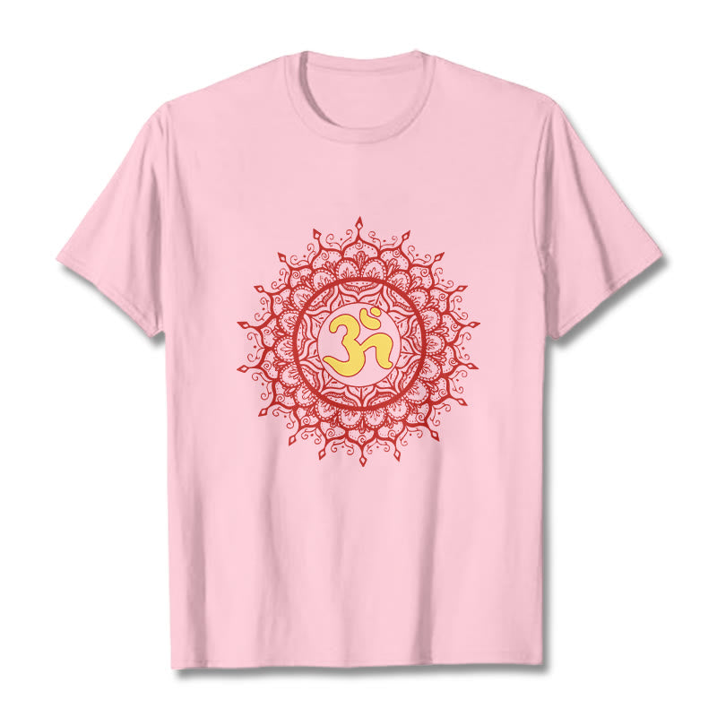 Buddha Stones Lässiges rotes Mandala Om Symbol Muster Baumwoll-T-Shirt - Hellrosa - 2XL - image 13