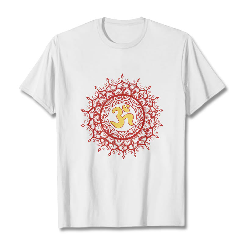 Buddha Stones Lässiges rotes Mandala Om Symbol Muster Baumwoll-T-Shirt - Weiß - 2XL - image 6