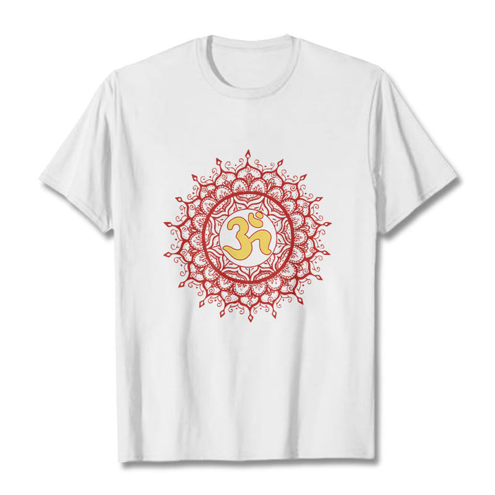 Buddha Stones Lässiges rotes Mandala Om Symbol Muster Baumwoll-T-Shirt - Weiß - 2XL - image 6