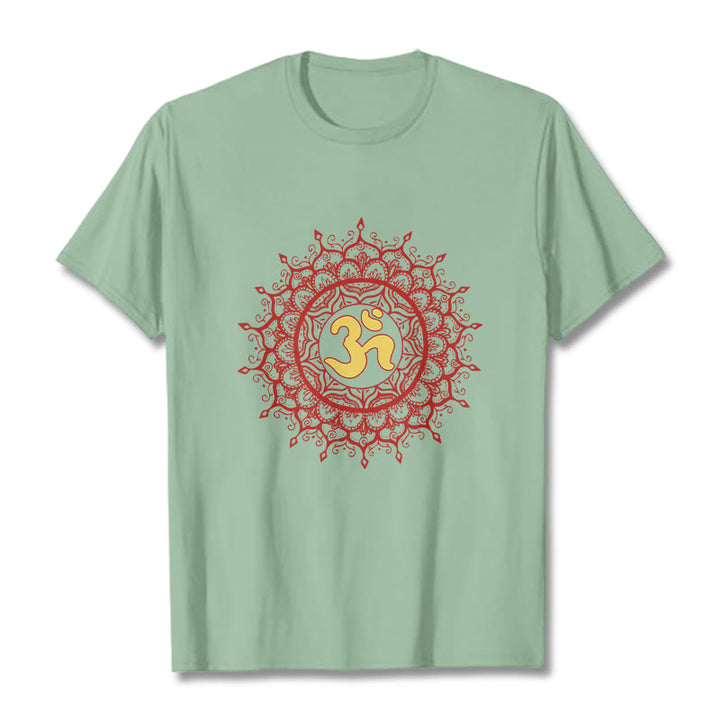 Buddha Stones Lässiges rotes Mandala Om Symbol Muster Baumwoll-T-Shirt - Blassgrün - 2XL - image 15