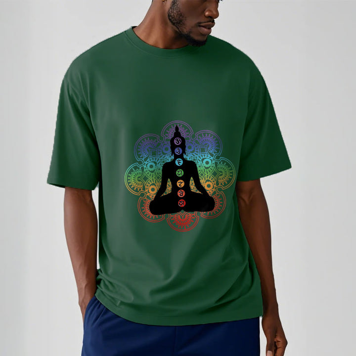 Buddha Stones Lässige meditierende Figur Buntes Mandala-Muster Baumwoll-T-Shirt - image 12