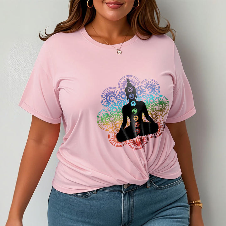 Buddha Stones Lässige meditierende Figur Buntes Mandala-Muster Baumwoll-T-Shirt - image 14
