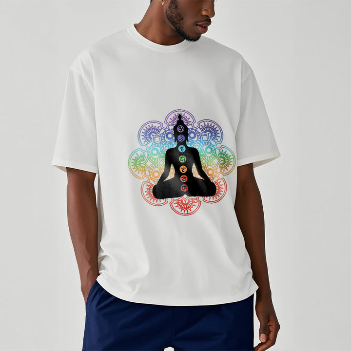 Buddha Stones Lässige meditierende Figur Buntes Mandala-Muster Baumwoll-T-Shirt - image 7