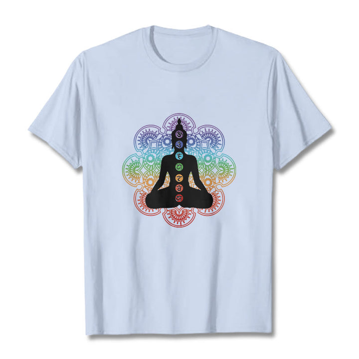 Buddha Stones Lässige meditierende Figur Buntes Mandala-Muster Baumwoll-T-Shirt - HellCyan - 2XL - image 19