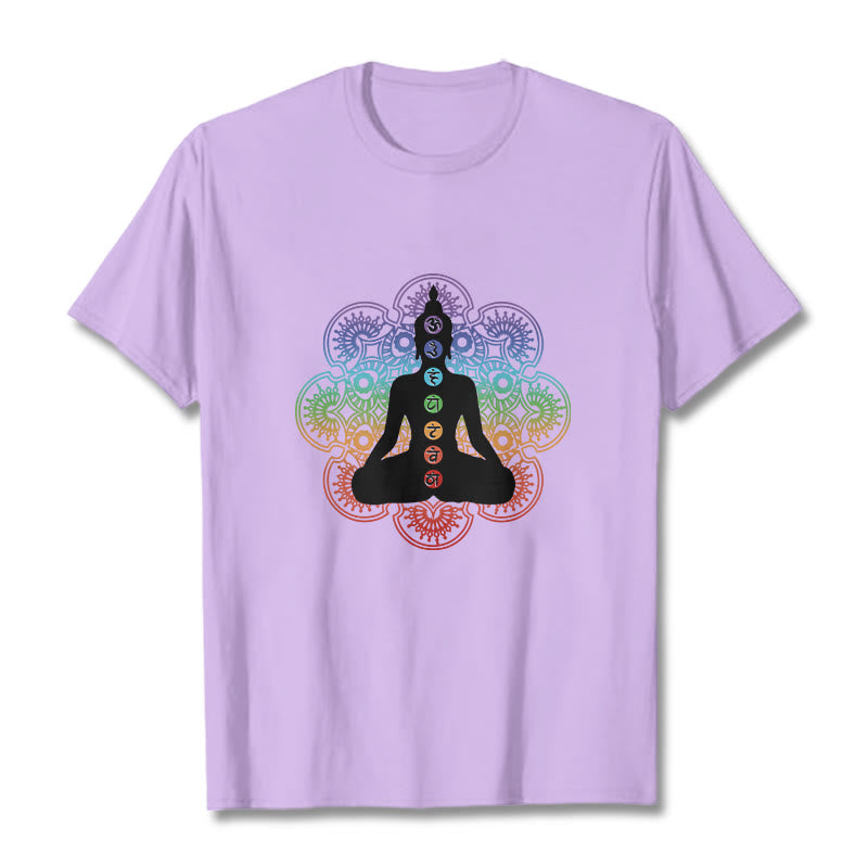 Buddha Stones Lässige meditierende Figur Buntes Mandala-Muster Baumwoll-T-Shirt - Pflaume - 2XL - image 17