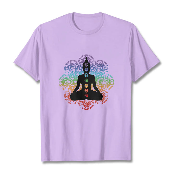 Buddha Stones Lässige meditierende Figur Buntes Mandala-Muster Baumwoll-T-Shirt - Pflaume - 2XL - image 17