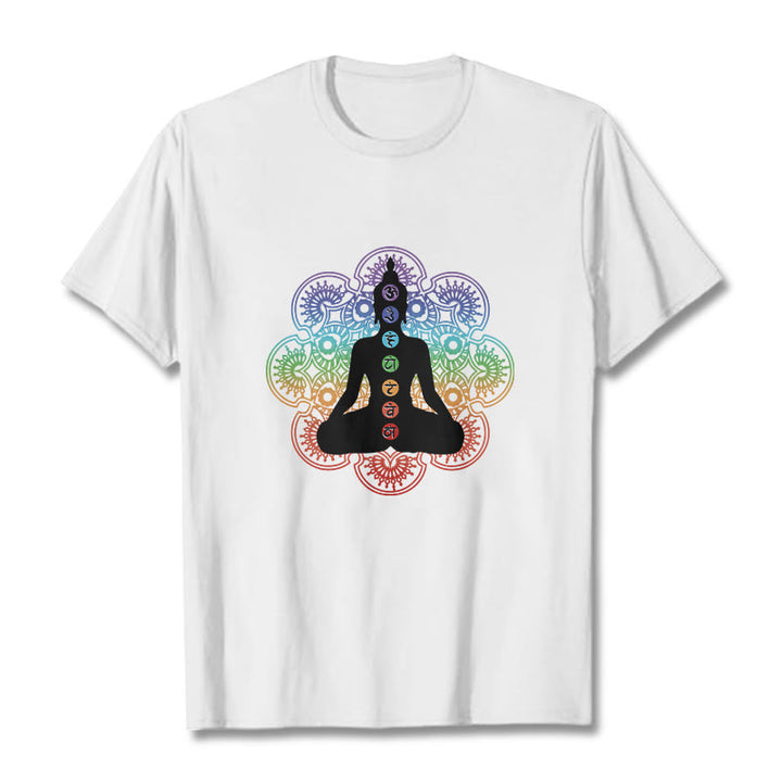 Buddha Stones Lässige meditierende Figur Buntes Mandala-Muster Baumwoll-T-Shirt - Weiß - 2XL - image 6