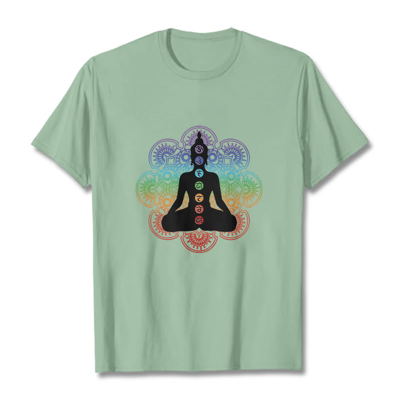 Buddha Stones Lässige meditierende Figur Buntes Mandala-Muster Baumwoll-T-Shirt - Blassgrün - 2XL - image 15