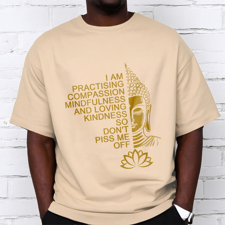 Buddha Stones Lässiges Baumwoll-T-Shirt mit goldenem Buddha-Lotusblumenmuster - image 10