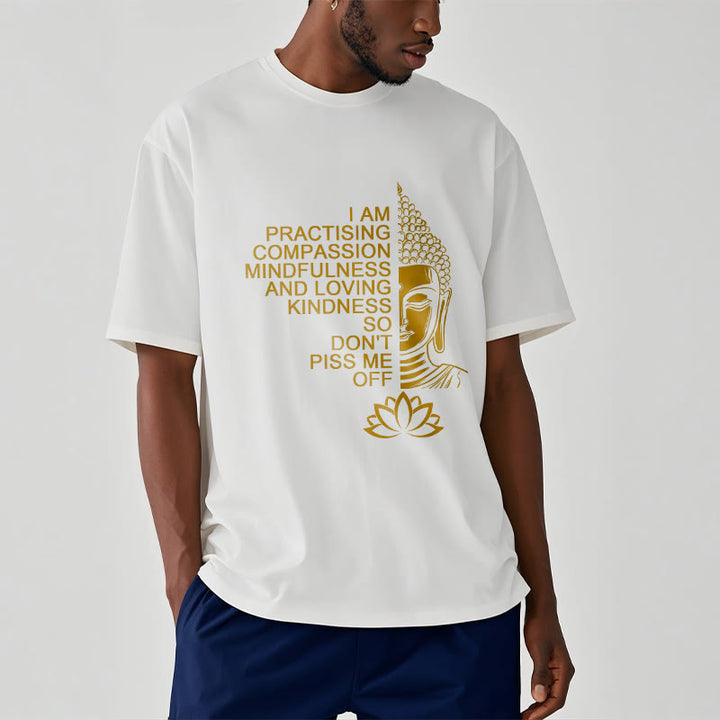 Buddha Stones Lässiges Baumwoll-T-Shirt mit goldenem Buddha-Lotusblumenmuster - image 2