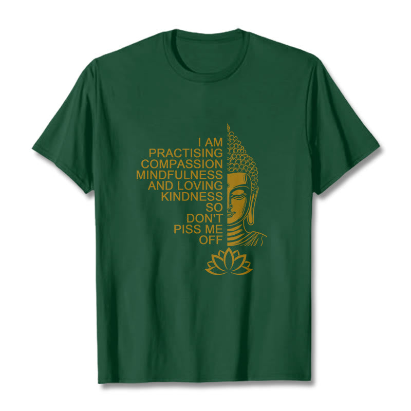 Buddha Stones Lässiges Baumwoll-T-Shirt mit goldenem Buddha-Lotusblumenmuster - WaldGrün - 2XL - image 11