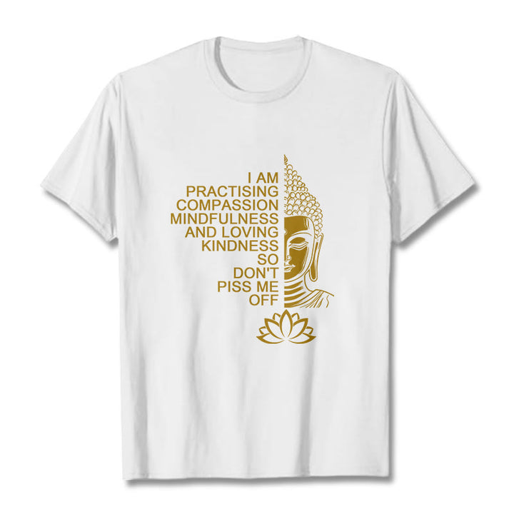 Buddha Stones Lässiges Baumwoll-T-Shirt mit goldenem Buddha-Lotusblumenmuster - Weiß - 2XL - image 1