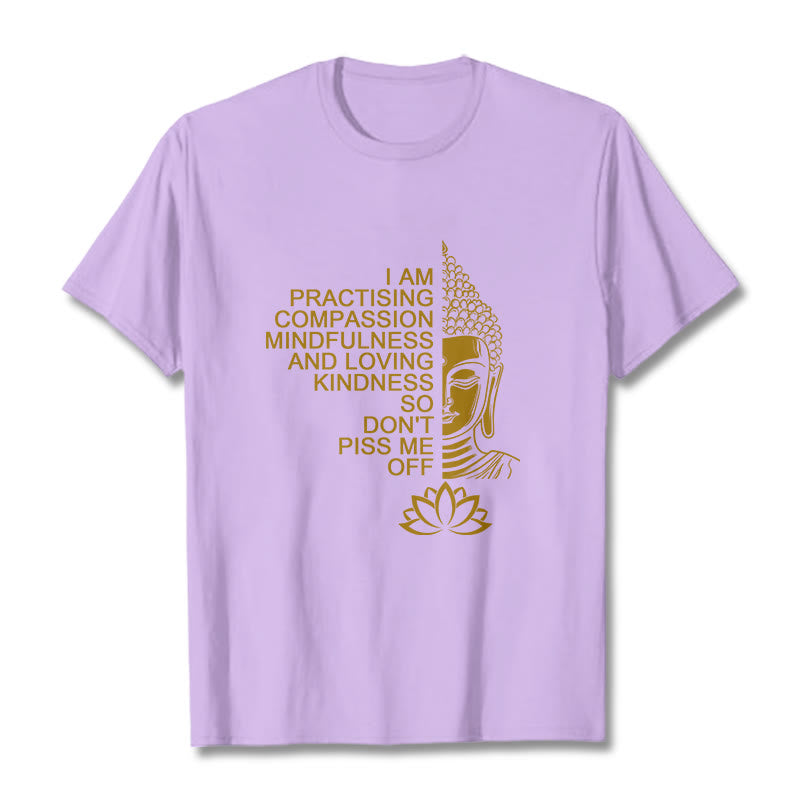 Buddha Stones Lässiges Baumwoll-T-Shirt mit goldenem Buddha-Lotusblumenmuster - Pflaume - 2XL - image 17