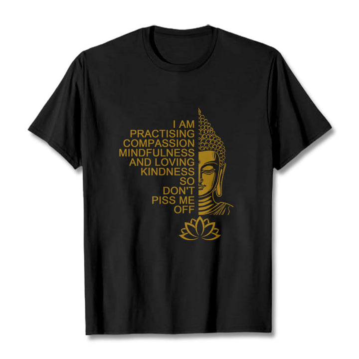 Buddha Stones Lässiges Baumwoll-T-Shirt mit goldenem Buddha-Lotusblumenmuster - Schwarz - 2XL - image 5
