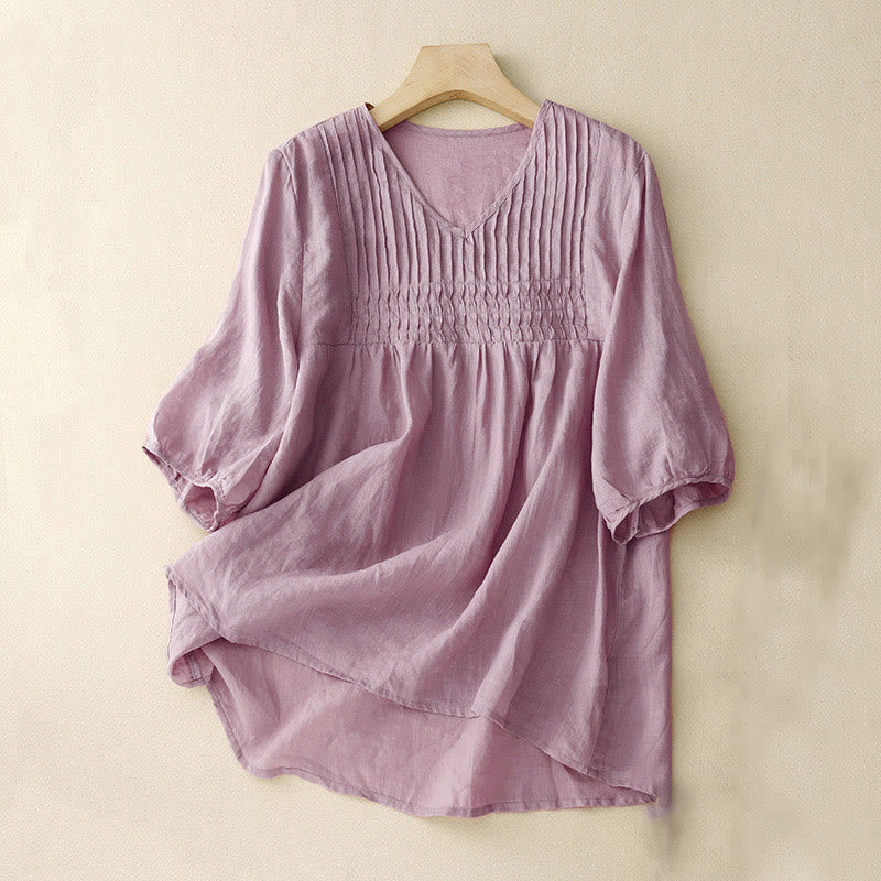 Buddha Stones Lässiges, einfarbiges, lockeres Damen-Baumwollhemd mit V-Ausschnitt und halblangen Ärmeln - Distel - US12, UK/AU16,EU44 (2XL) - image 1