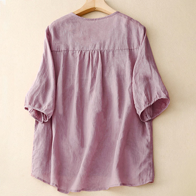 Buddha Stones Lässiges, einfarbiges, lockeres Damen-Baumwollhemd mit V-Ausschnitt und halblangen Ärmeln - image 2