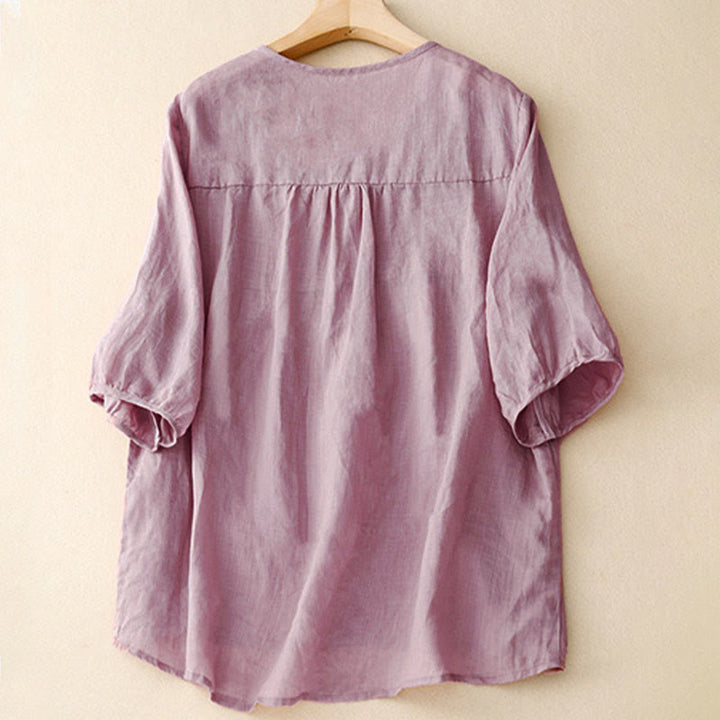 Buddha Stones Lässiges, einfarbiges, lockeres Damen-Baumwollhemd mit V-Ausschnitt und halblangen Ärmeln - image 2