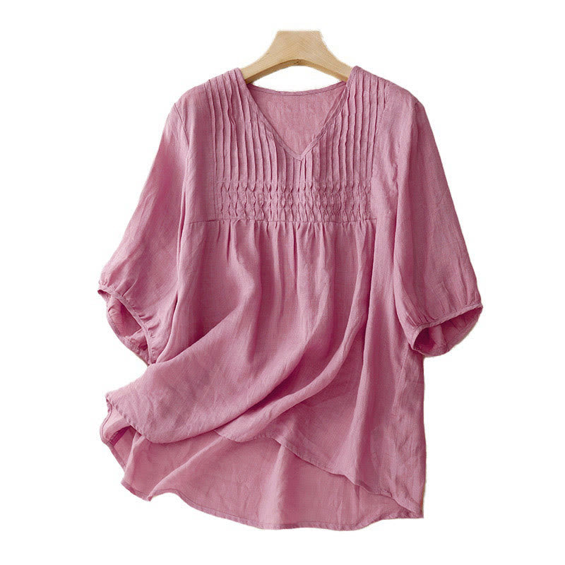 Buddha Stones Lässiges, einfarbiges, lockeres Damen-Baumwollhemd mit V-Ausschnitt und halblangen Ärmeln - image 20